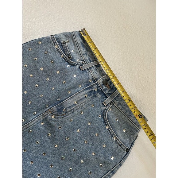Y2K Rhinestone Studded Denim Mini Skirt Womens 26 US 2 Distressed Club Fairycore - Picture 7 of 7